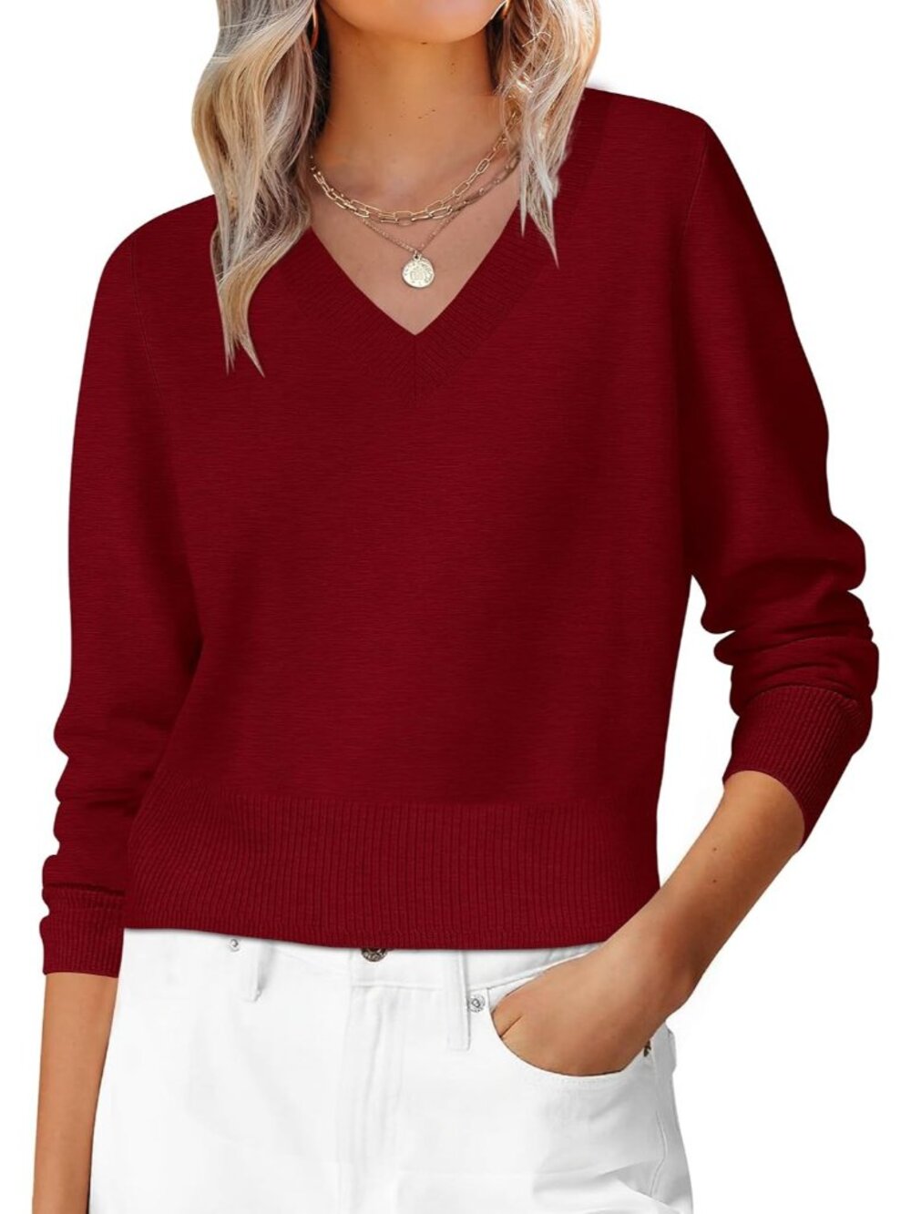 Women's Red Cropped V Neck Long Sleeve Casual Pullover Fall Outfits Sweaters